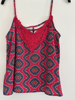Crochet-Neck Pink Printed Spaghetti-Strap Camisole